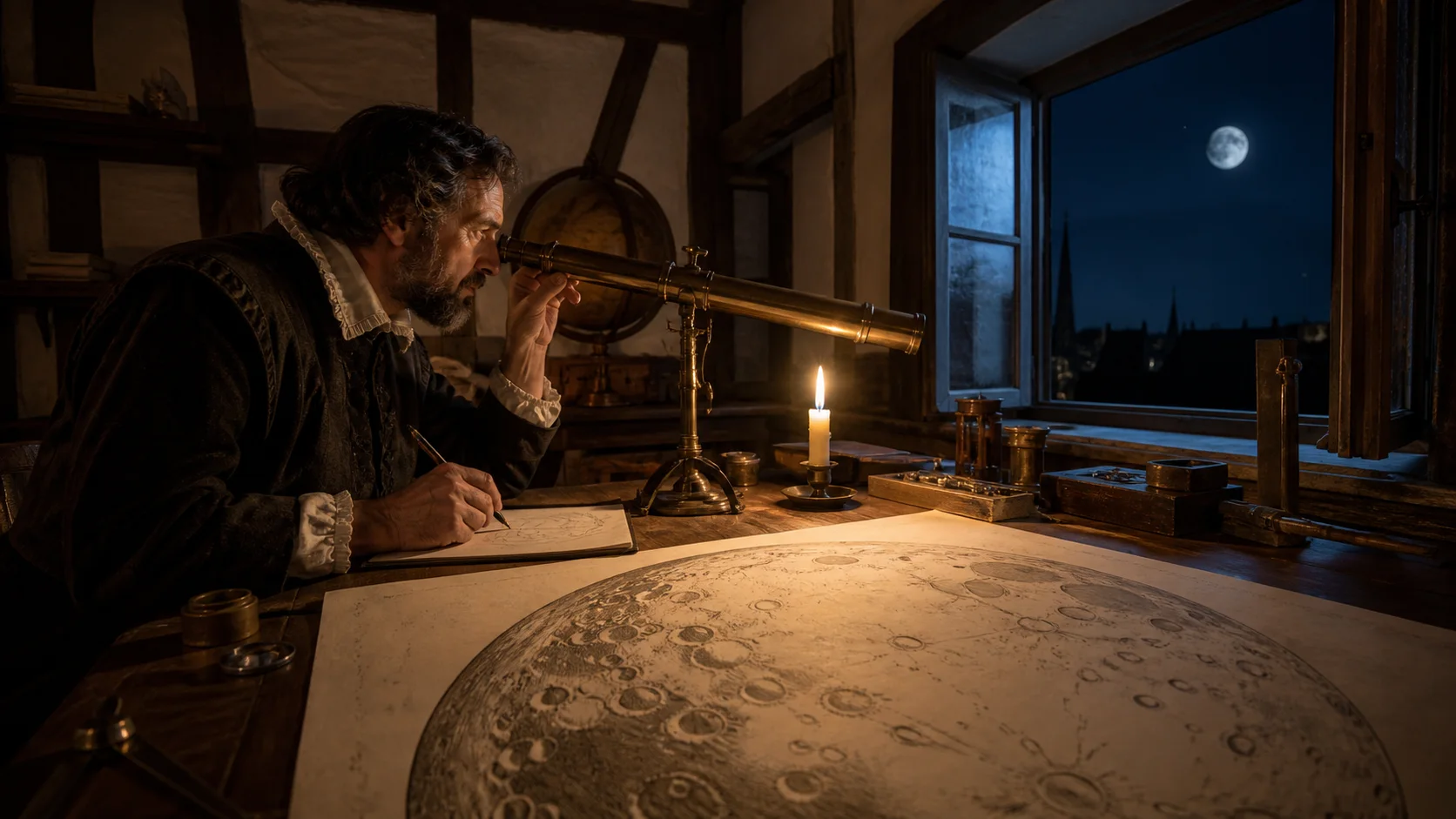 Reconstitution d’un astronome du dix-septième siècle dessinant la Lune au télescope