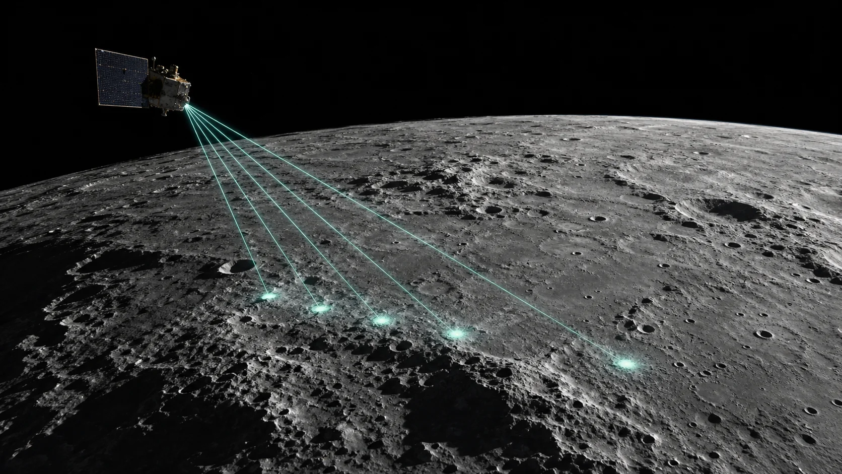Visualisation d’un orbiteur mesurant le relief lunaire avec cinq faisceaux laser