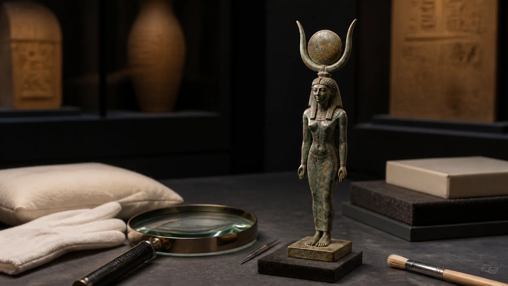 Petite figure ancienne à couronne lunaire étudiée sur une table de conservation