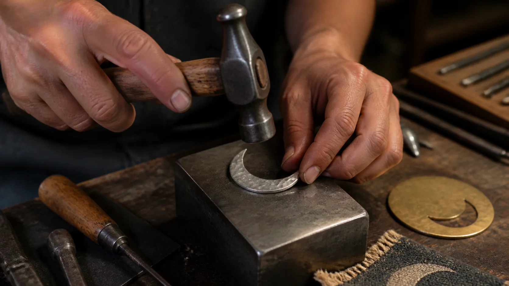 Artisane observant un pendentif en croissant martelé parmi des outils de métal