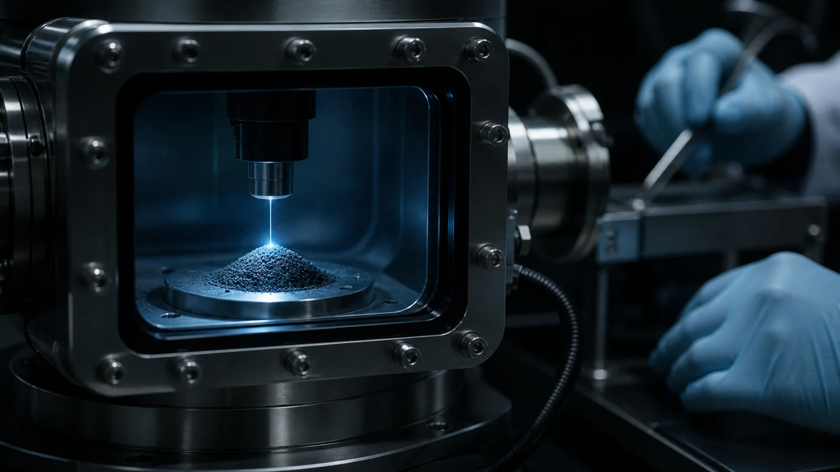 Échantillon de régolithe étudié dans une chambre à vide par spectrométrie