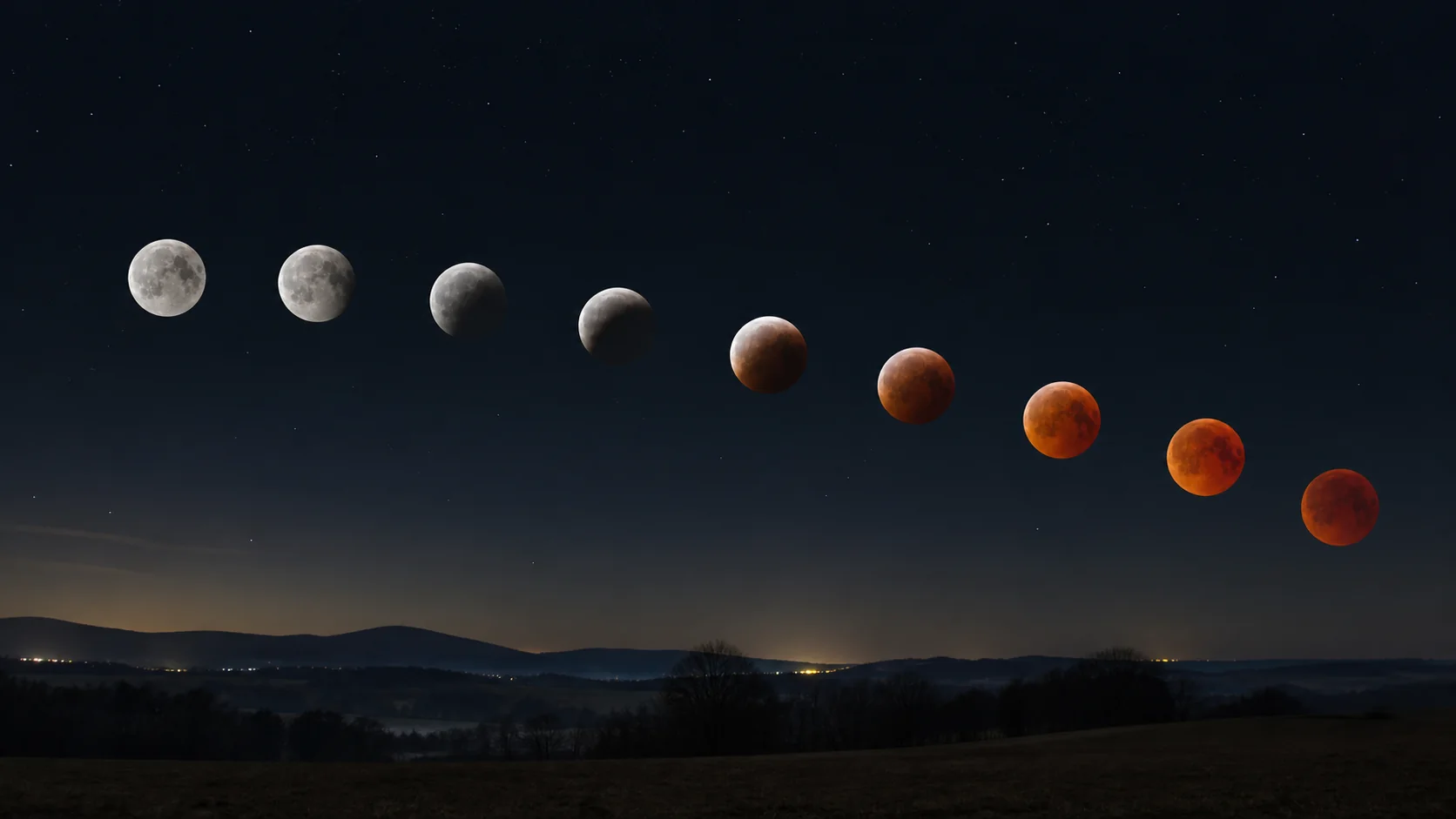 Séquence réaliste d’une éclipse lunaire devenant rouge sombre