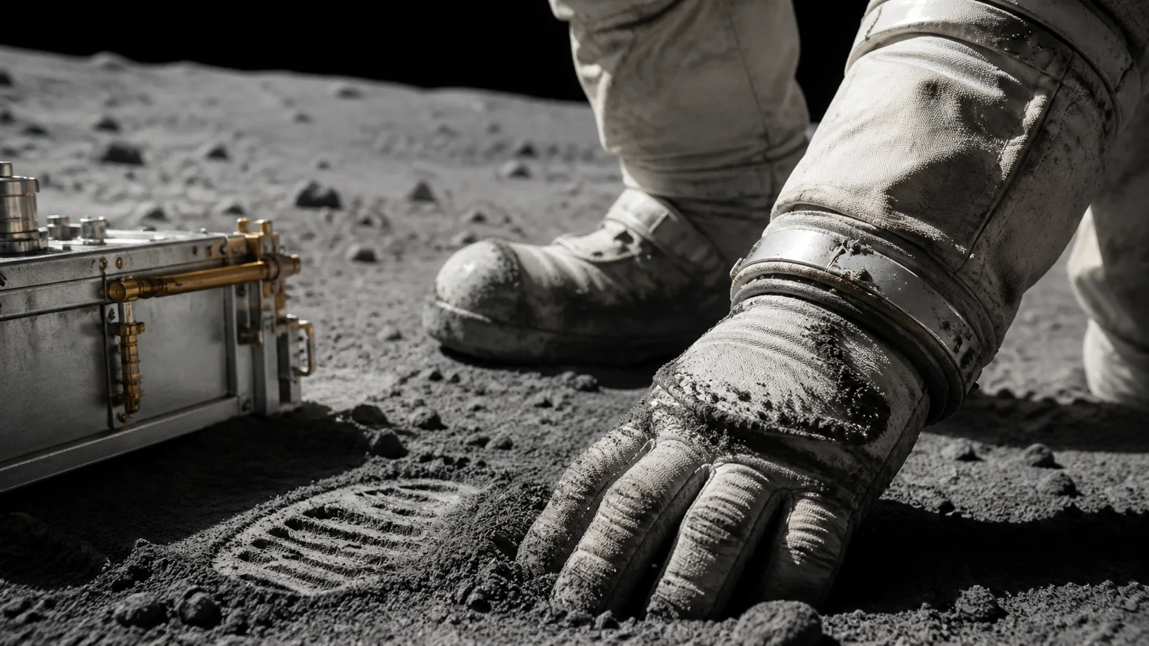 Gant et bottes de combinaison lunaire recouverts de poussière abrasive