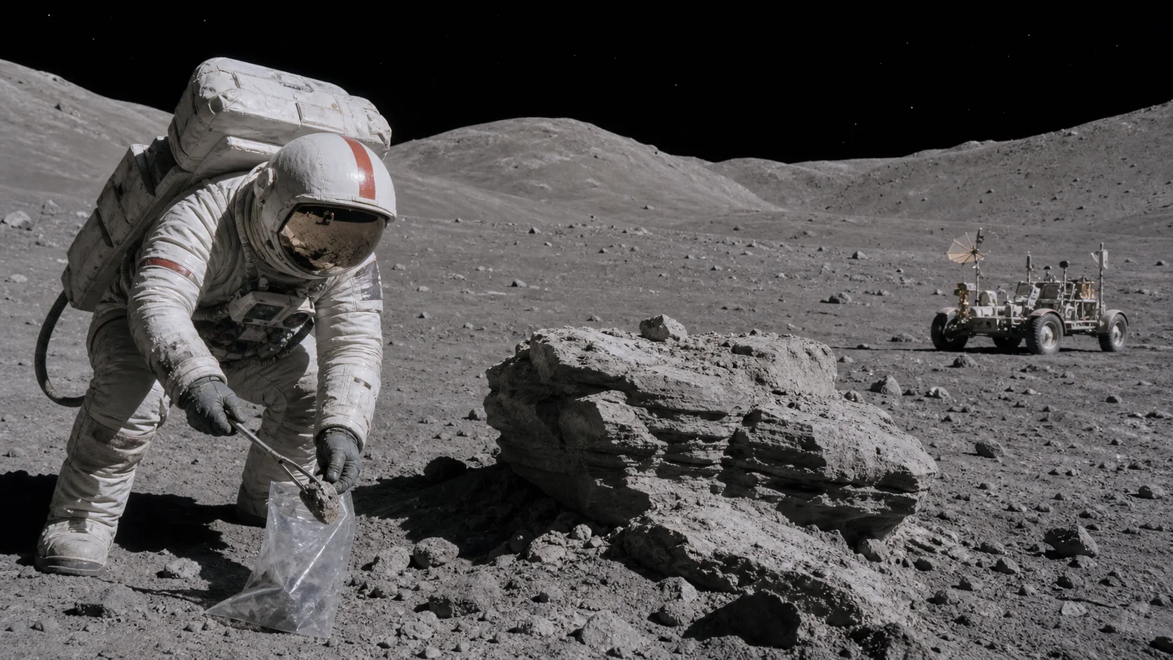 Astronaute Apollo prélevant une roche près d’un rover dans une vallée lunaire