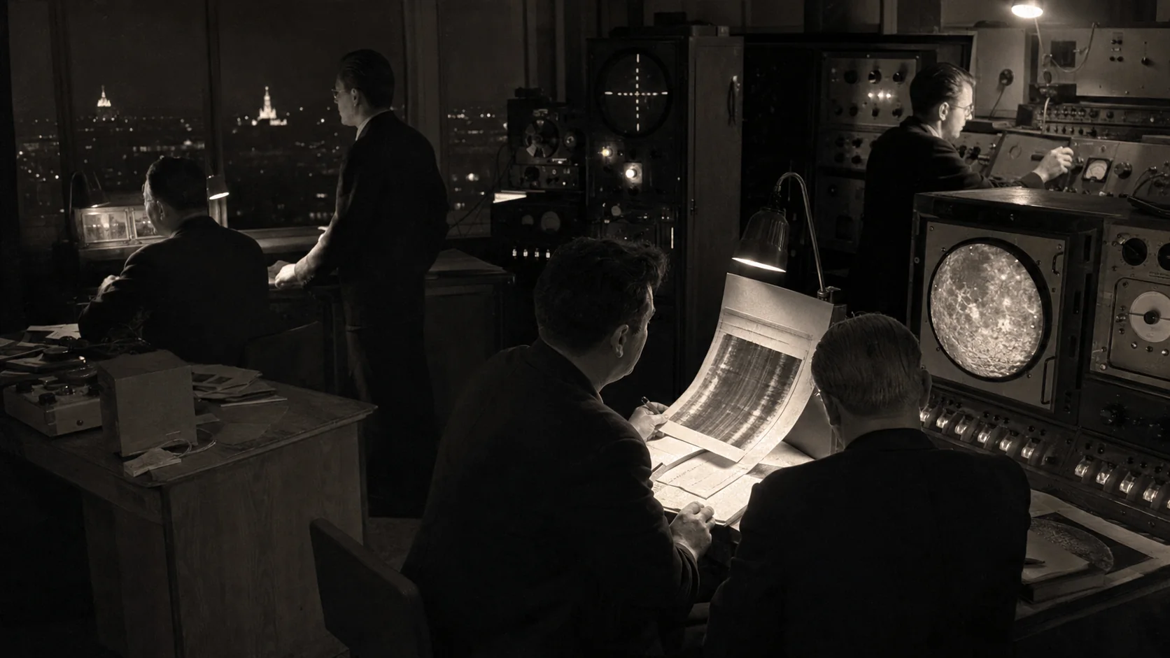 Salle de réception radio de 1959 découvrant les premières images de la face cachée