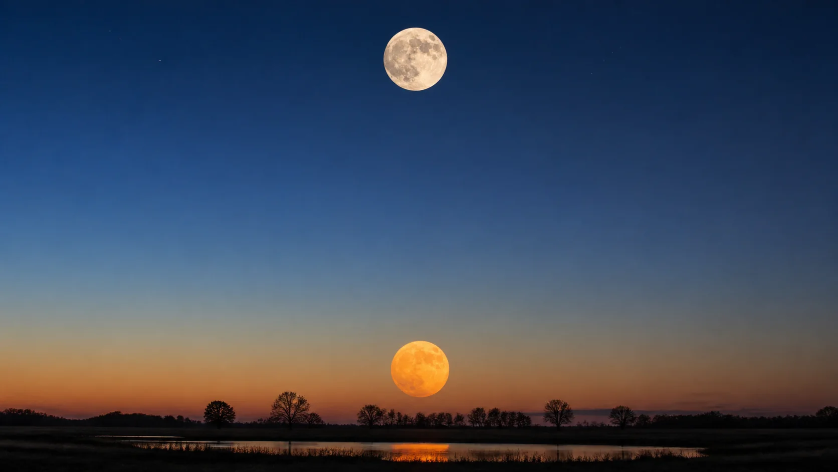 Comparaison photographique de deux Lunes de même diamètre près de l’horizon et haut dans le ciel