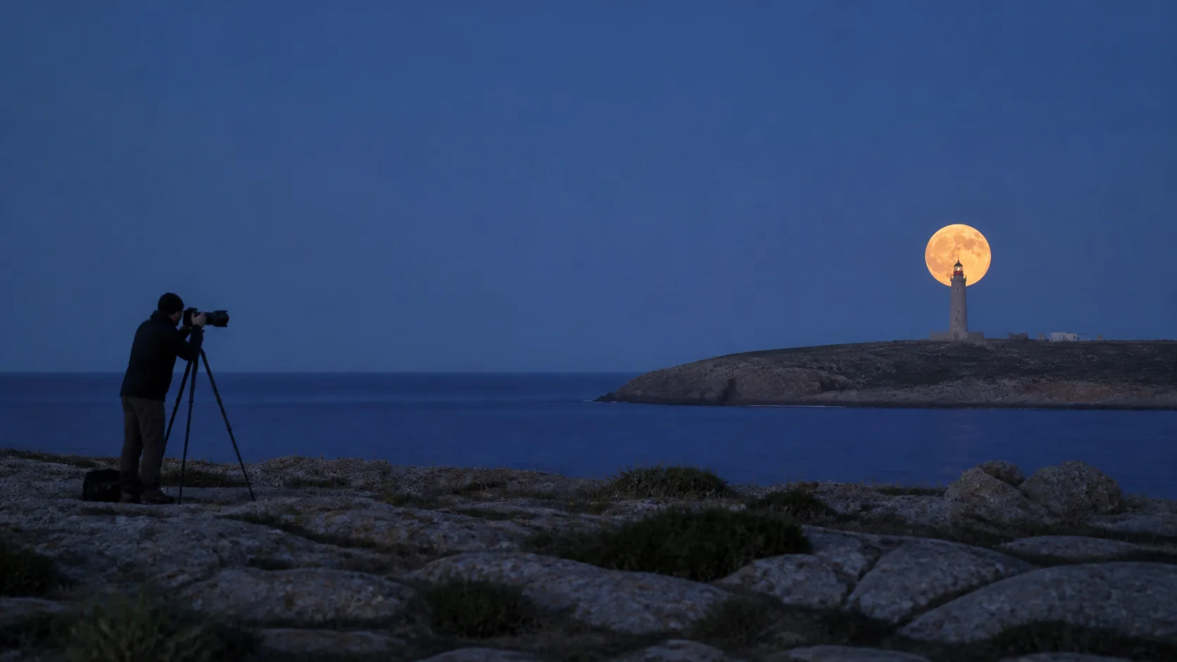 Photographe alignant au téléobjectif la pleine Lune derrière un phare éloigné