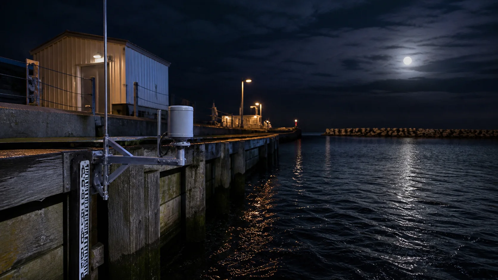 Station marégraphique moderne fixée à une jetée sous un ciel nocturne