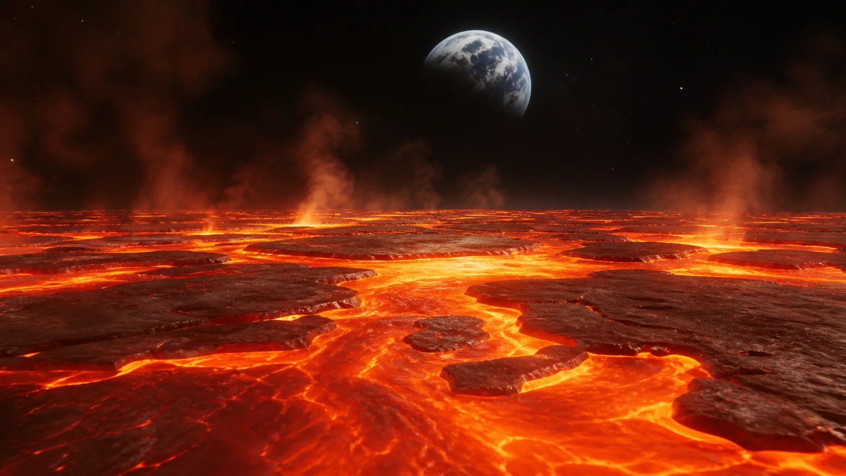 Surface lunaire primitive couverte d’un océan de magma incandescent