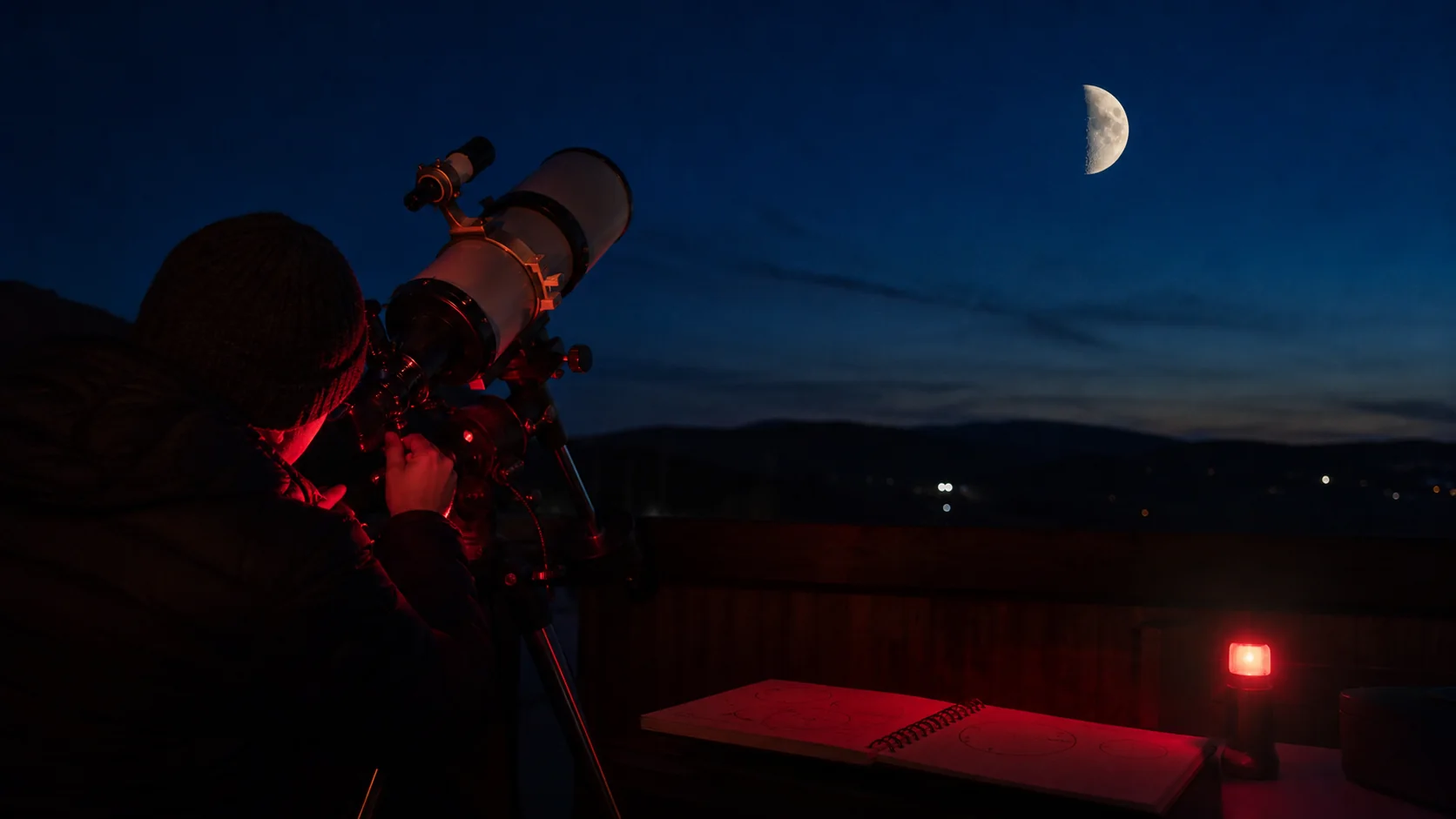 Astronome préparant un télescope et un carnet d’observation au crépuscule