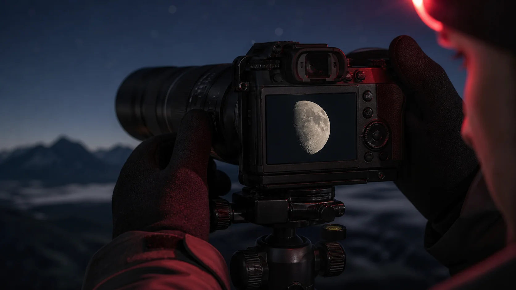 Appareil photo sur trépied avec écran montrant les détails de la Lune