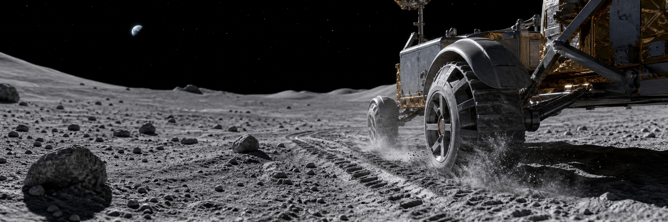 Traces de roues d’un rover dans la poussière lunaire