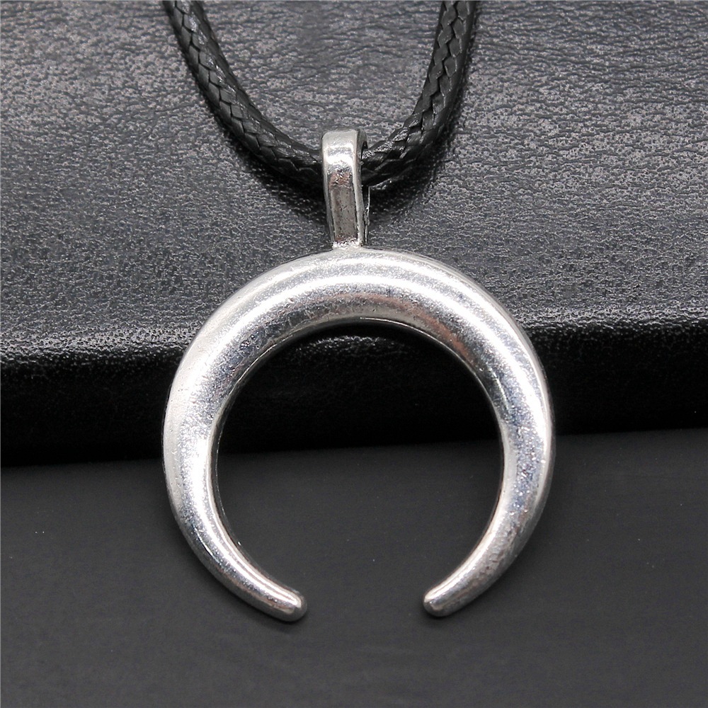 Collier Croissant de Lune Argenté - Cordon Noir Tressé
