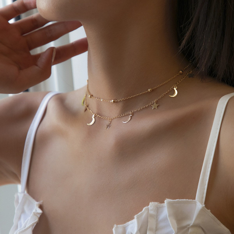 Collier Double Rang Croissants de Lune & Étoiles - Finition Dorée