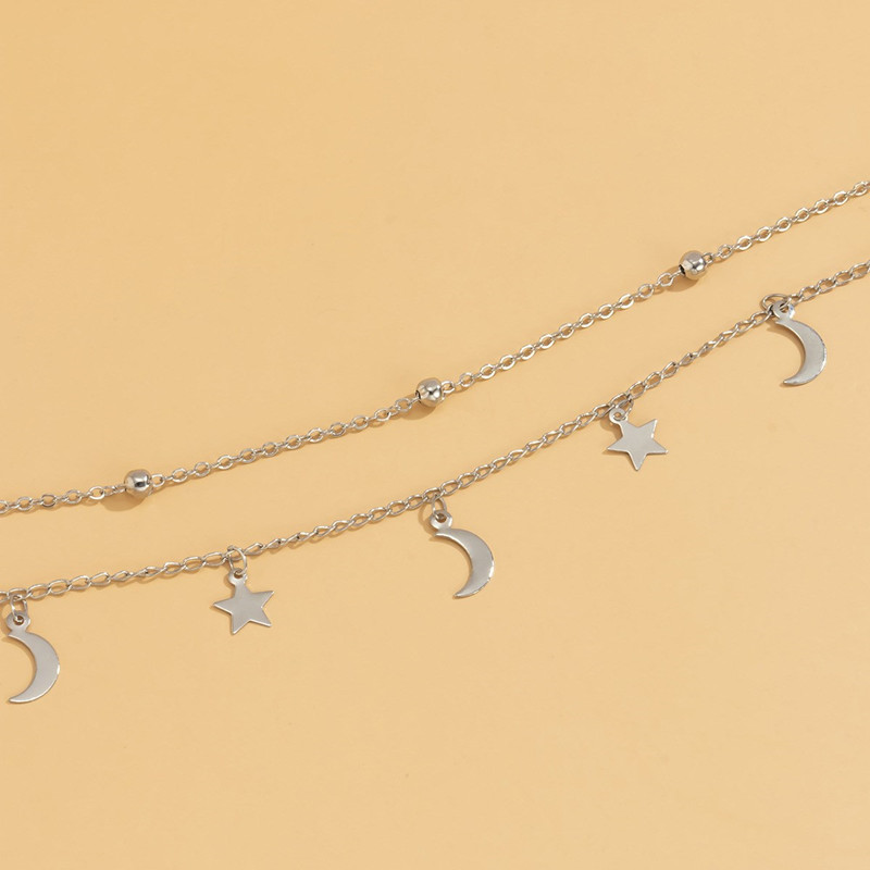 Collier Double Rang Croissants de Lune & Étoiles - Finition Argentée