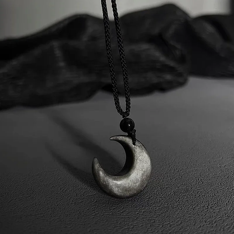 Collier Croissant de Lune - Cordon Noir & Finition Minérale