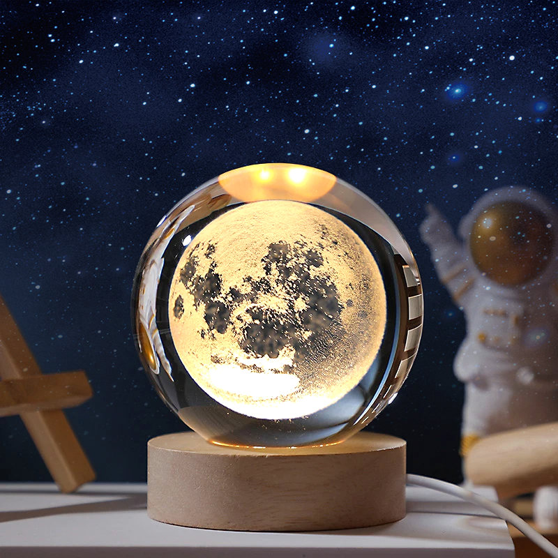 Sphère Lumineuse 3D Pleine Lune - Globe en Verre et Socle en Bois