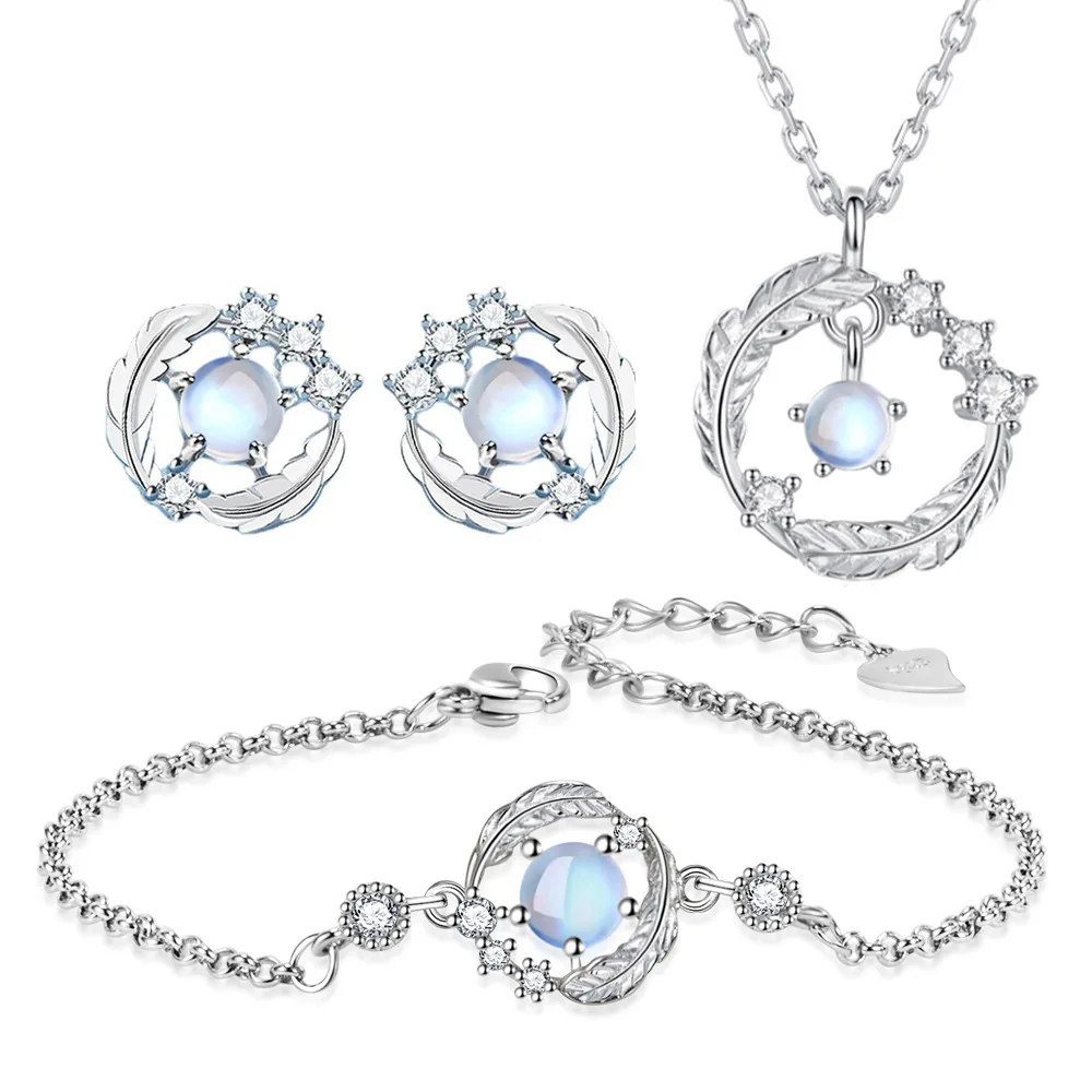 Parure Pierre de Lune & Feuilles - Collier, Boucles et Bracelet Argentés