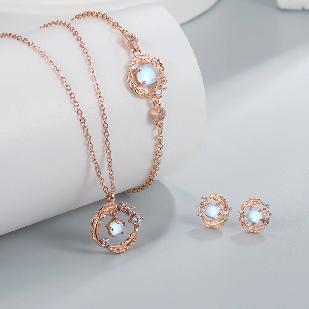 Parure Pierre de Lune & Feuilles - Collier, Boucles et Bracelet Rose Doré
