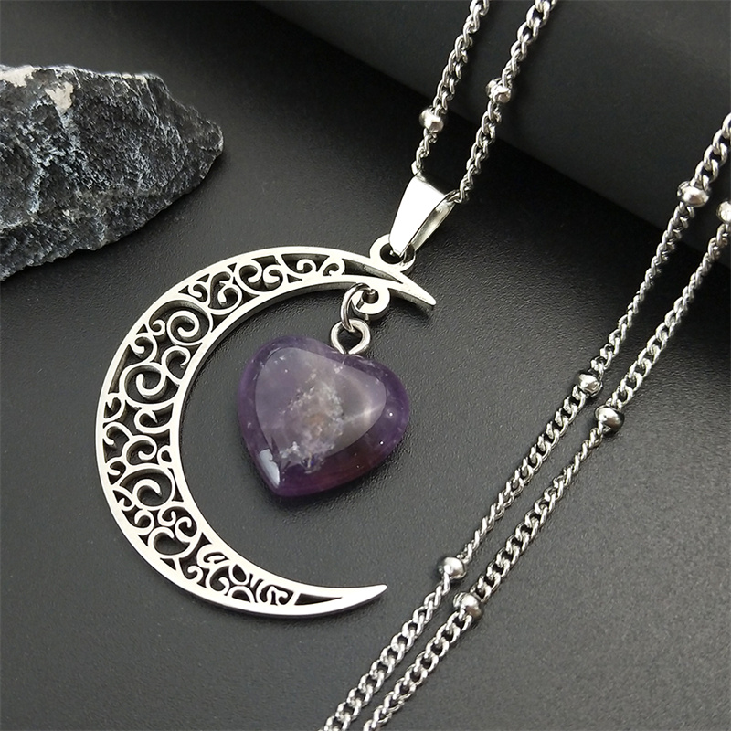 Collier Croissant de Lune & Cœur Violet - Éclat Argenté