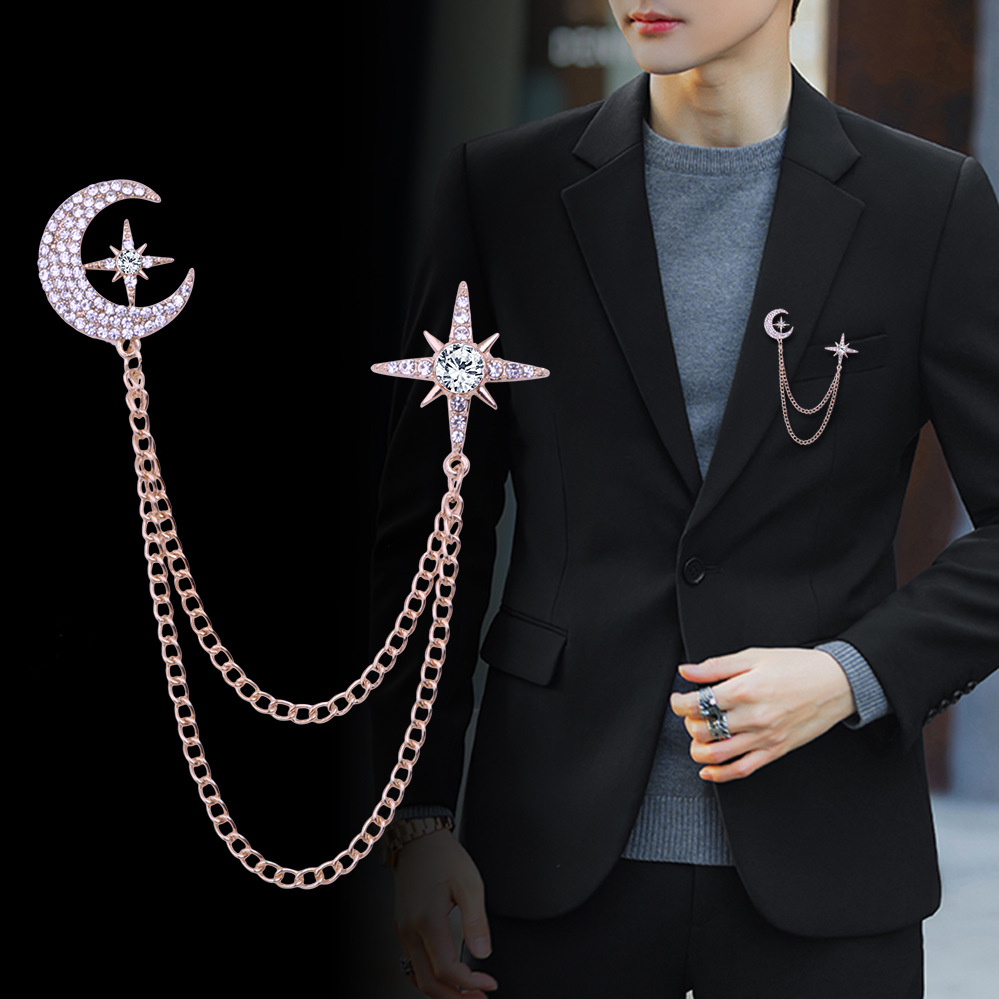 Broche Double Lune & Étoile - Chaînes Rose Doré