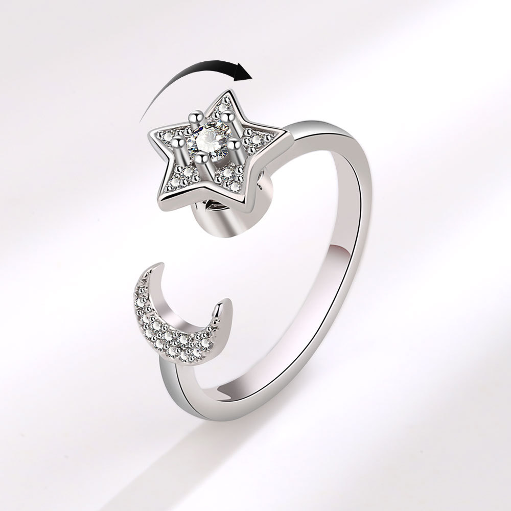 Bague Croissant & Étoile – Anneau Ouvert Argenté