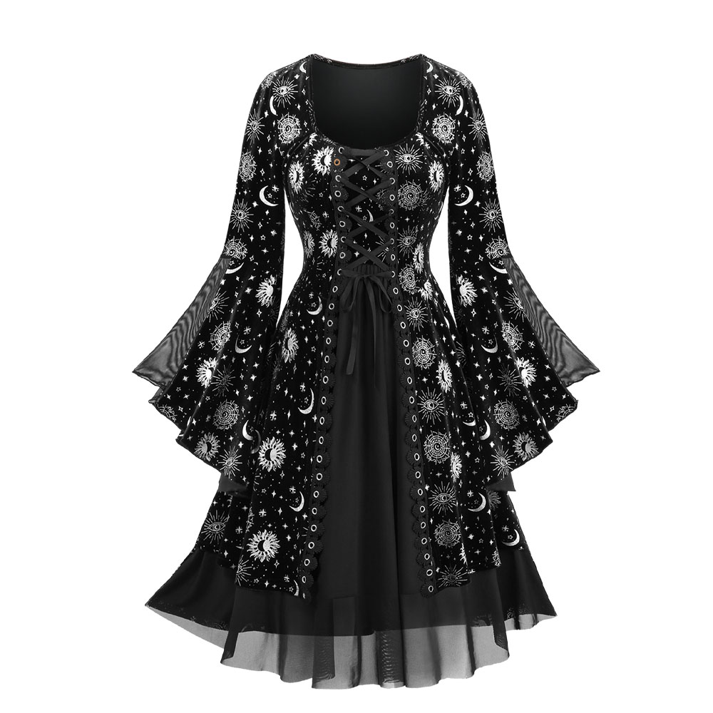 Robe Évasée Lune, Soleil & Étoiles – Laçage et Manches Amples