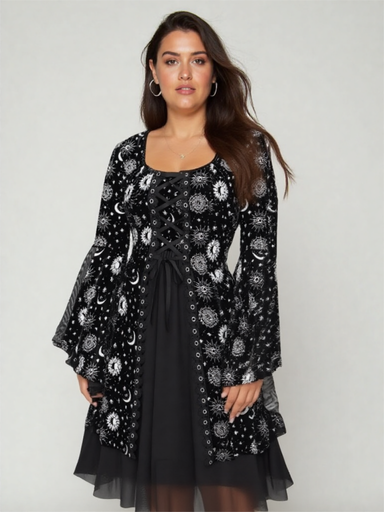 Robe Évasée Lune, Soleil & Étoiles – Laçage et Manches Amples – Image 2