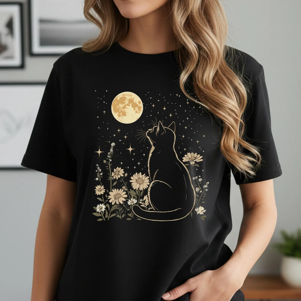 T-shirt Phases de Lune & Chat Noir – Motif Céleste Fleuri