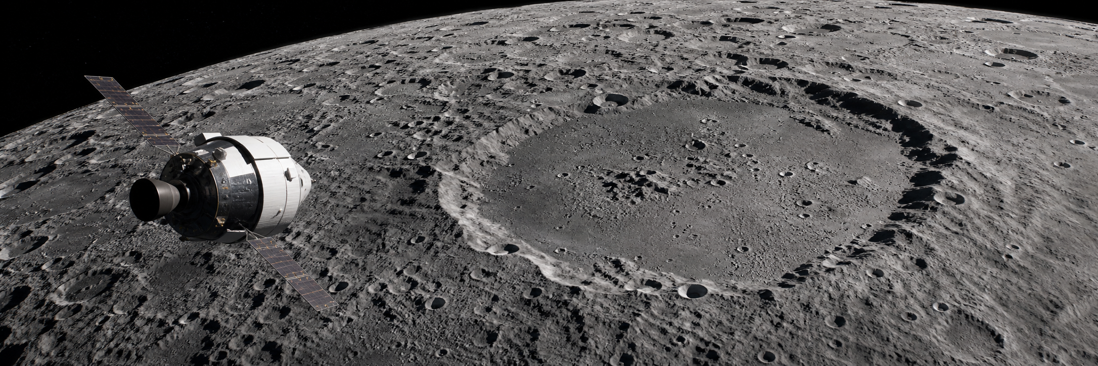 Vaisseau spatial naviguant au-dessus d’un bassin d’impact lunaire