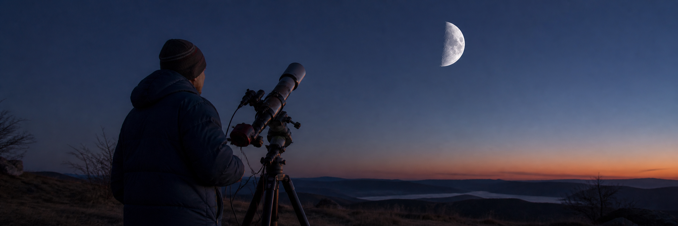 Observateur filmant la Lune avec un télescope et une caméra