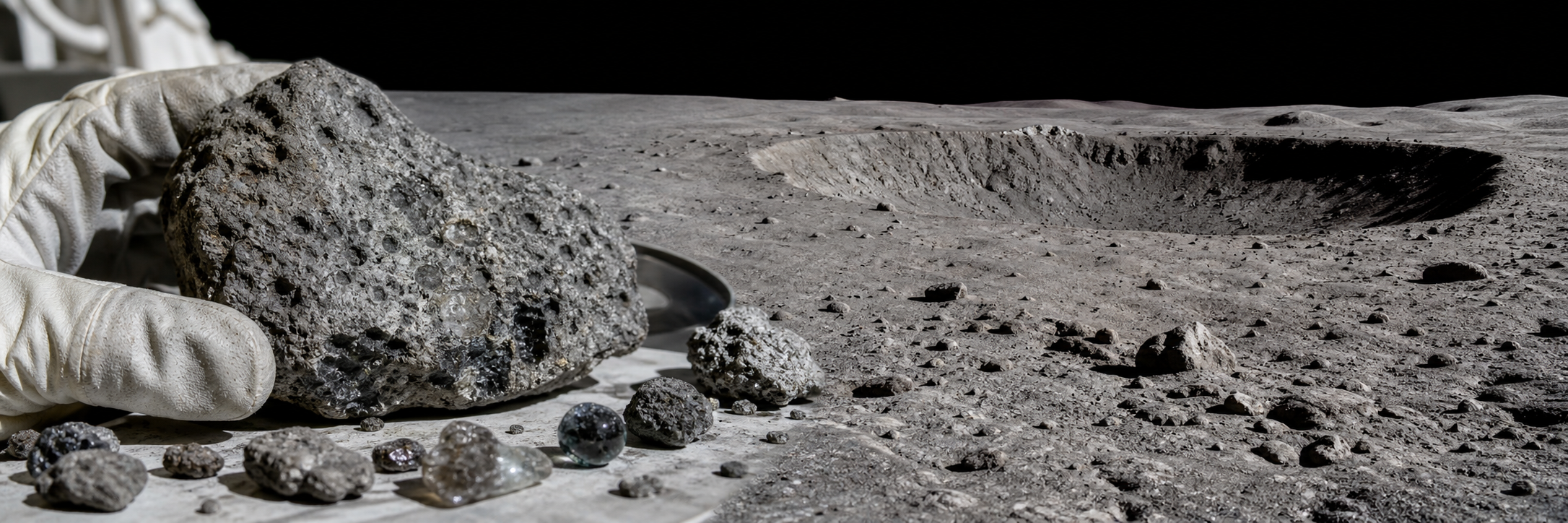 Échantillon de roche d’impact devant un bassin lunaire