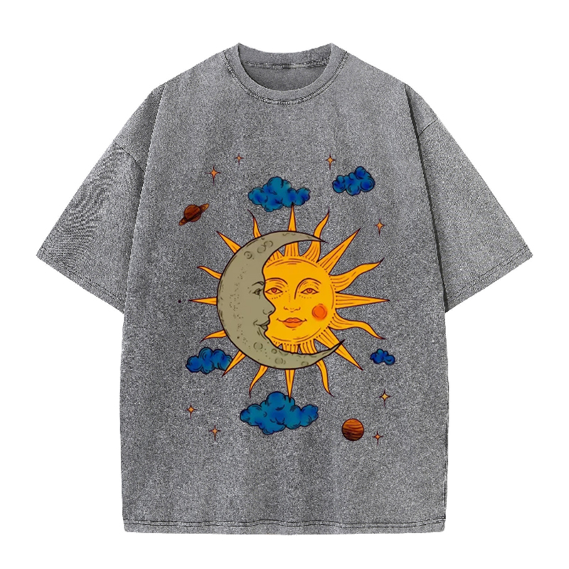 T-shirt soleil et lune gris chiné – Illustration céleste rétro