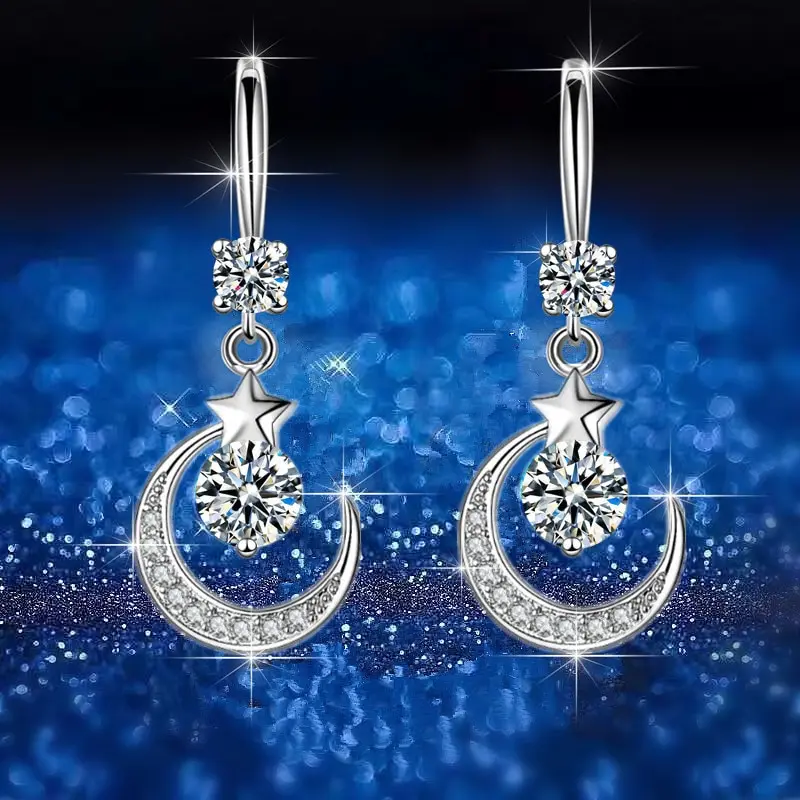 Boucles d’oreilles Lune & Étoile – Cristal blanc
