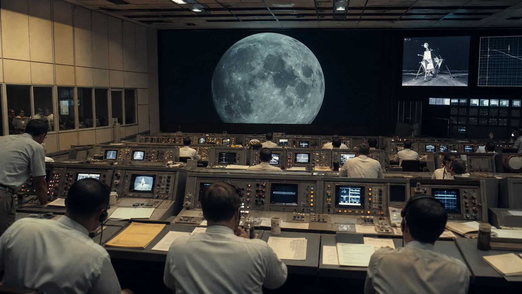 Salle de contrôle historique suivant une mission lunaire sur de grands écrans