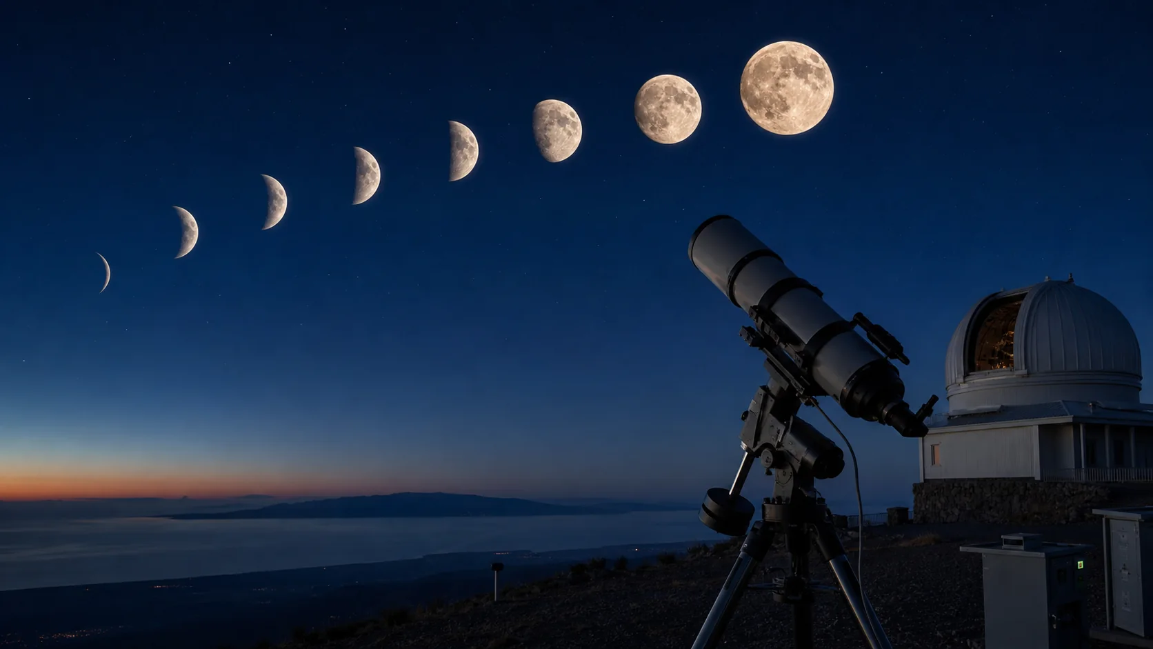 Séquence des phases lunaires au-dessus d’un observatoire installé face à la mer