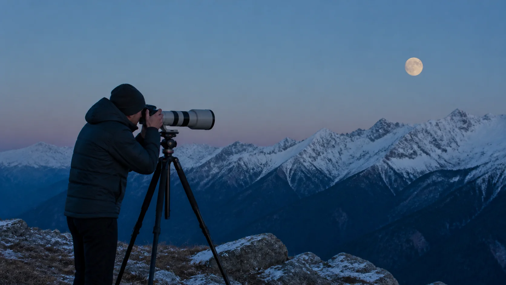 Photographe installant un téléobjectif face à une pleine Lune au-dessus des montagnes