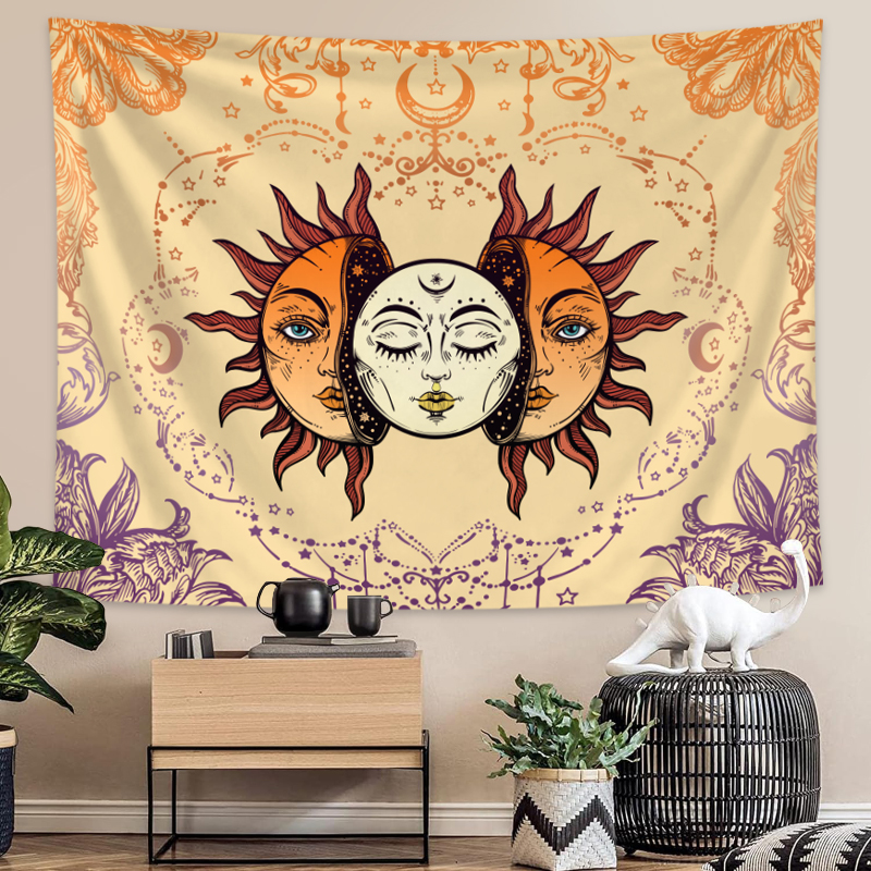 Tapisserie Soleil & Lune aux Trois Visages – Décor Céleste Coloré