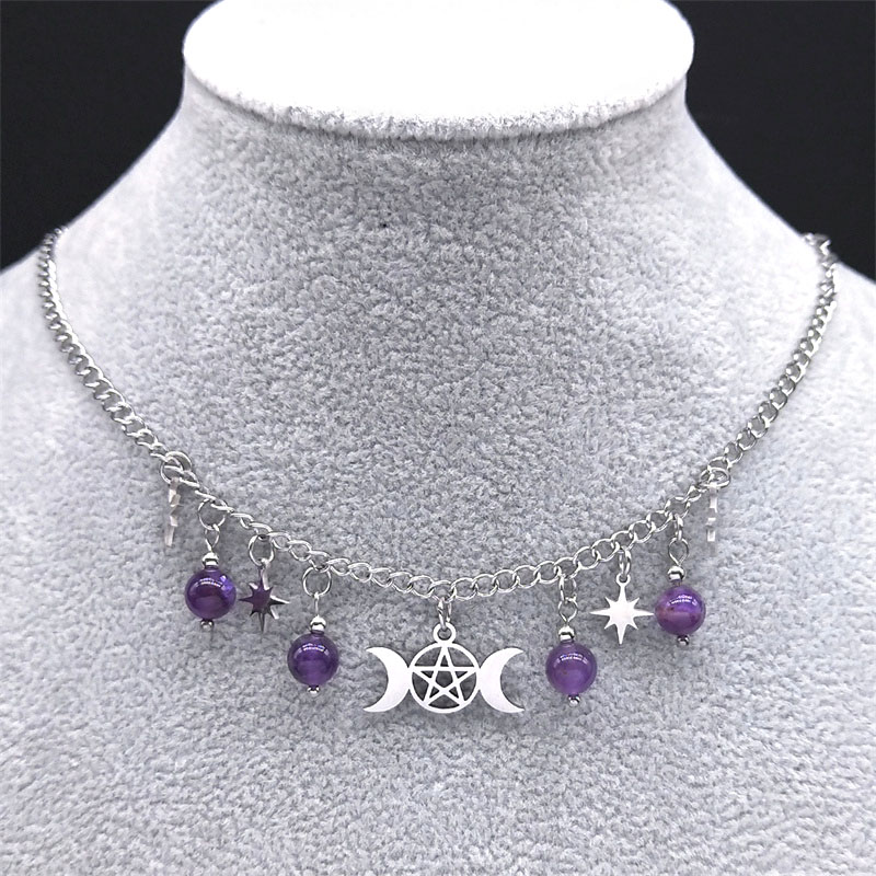 Collier triple lune et pentagramme perles violettes