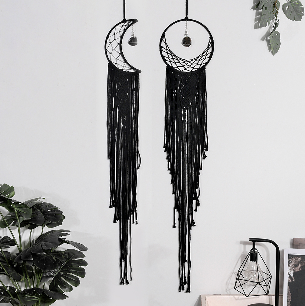 Attrape-rêves lune et soleil noirs – Duo céleste en macramé