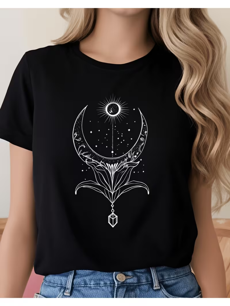 T-shirt Croissant de Lune & Astre – Illustration Botanique Noire