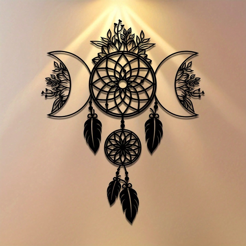 Décoration murale Lune Mandala – Feuilles & Plumes en Métal
