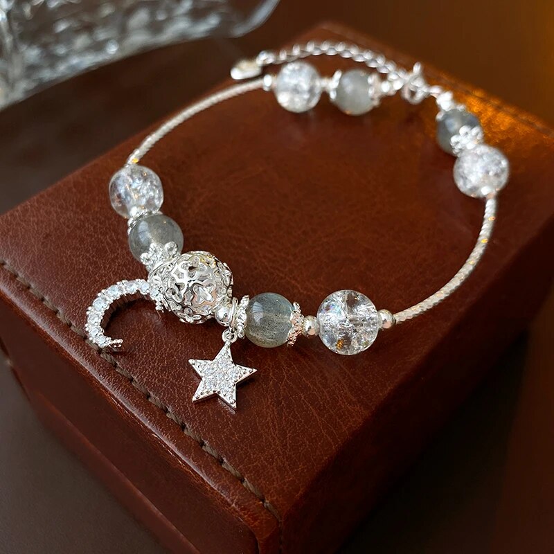 Bracelet Lune & Étoile – Perles Cristallisées & Éclat Argenté