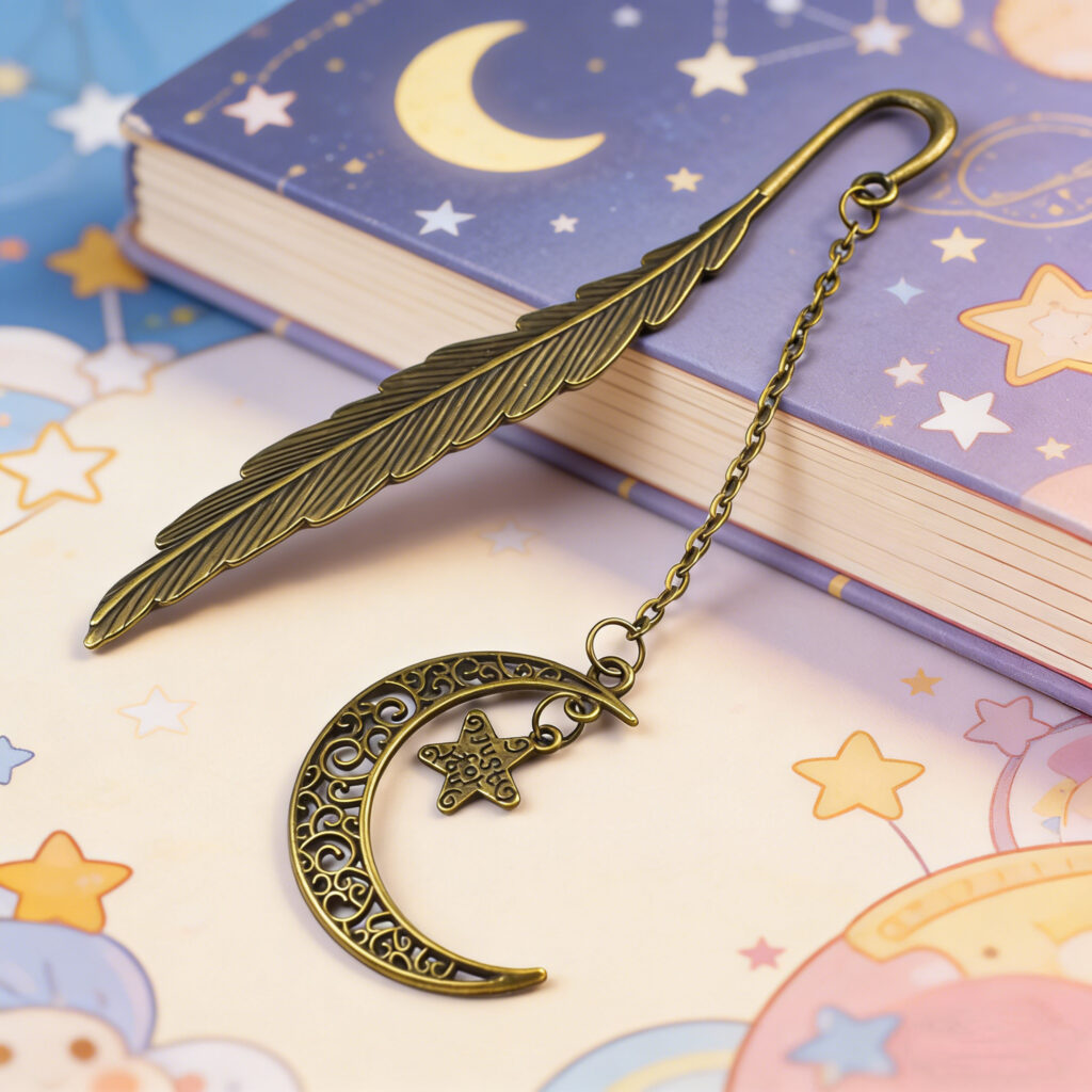 Marque-page Croissant & Étoile – Plume Céleste Bronze