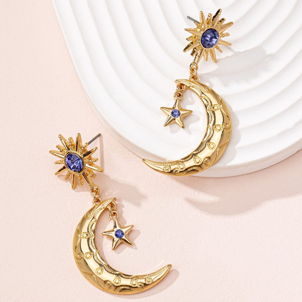 Boucles d’Oreilles Lune & Soleil – Reflets Bleus