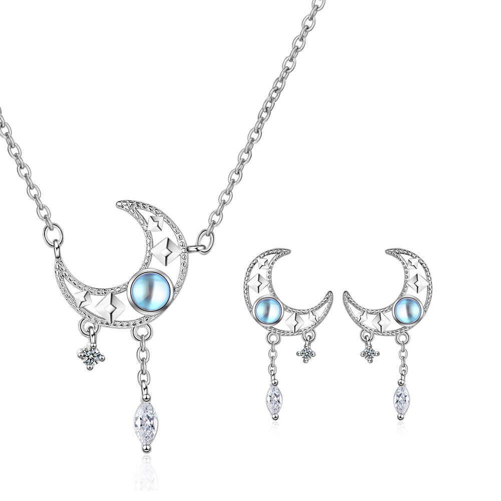 Parure Lune Bleue – Collier & Boucles d’Oreilles à Cristaux