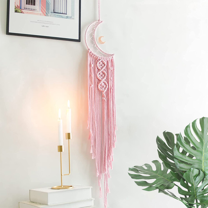 Attrape-rêves lune rose – Macramé céleste fait main