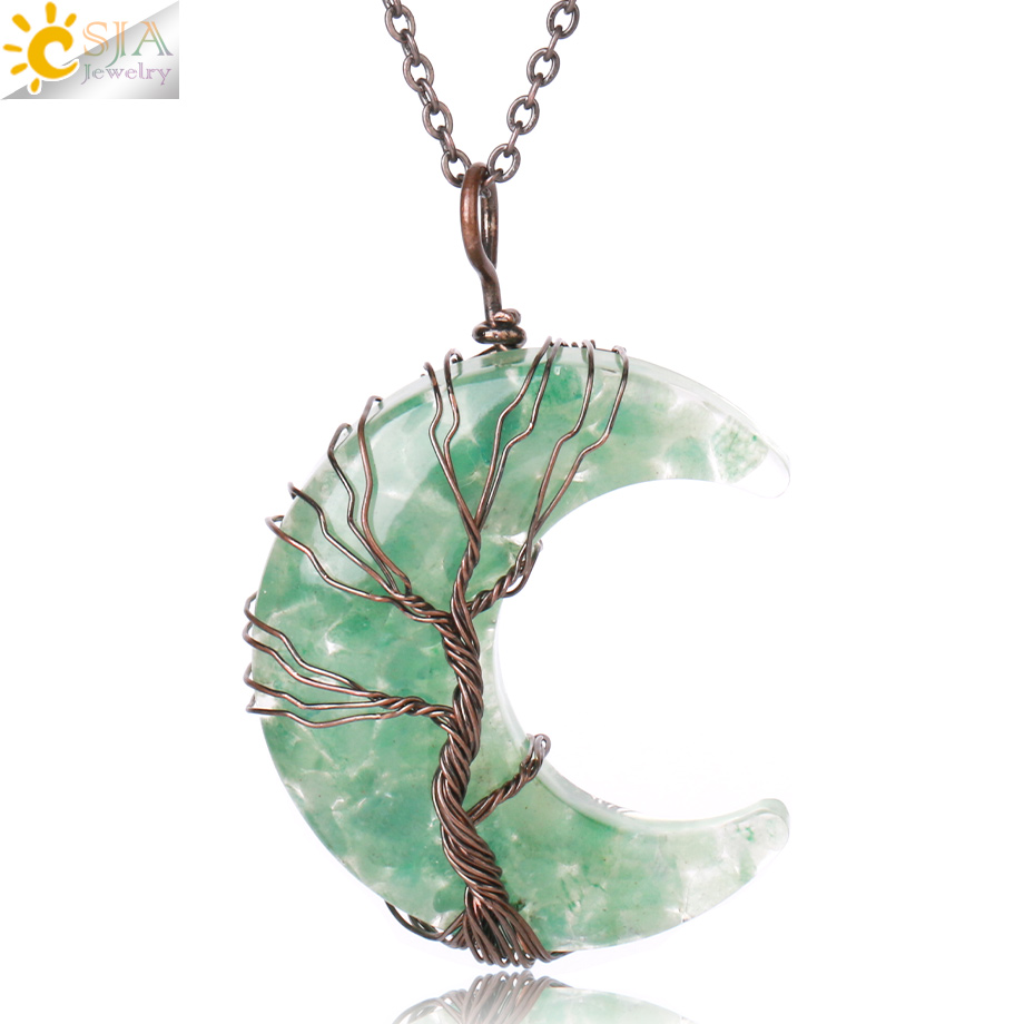 Pendentif croissant de lune arbre de vie et pierres naturelles
