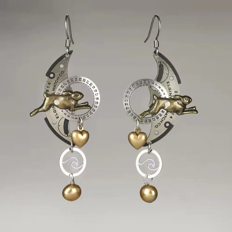 Boucles d'oreilles lapin mécanique  -  lune et finition marron
