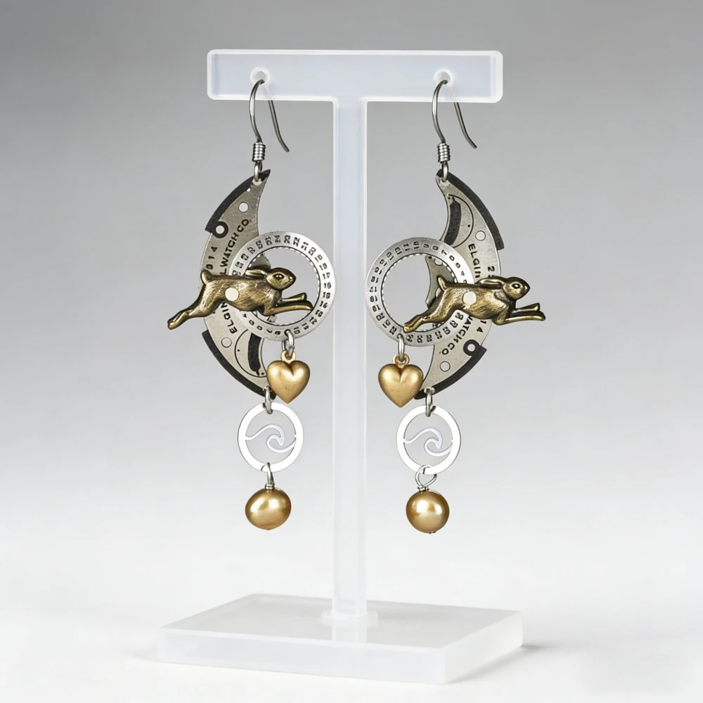Boucles d'oreilles lapin mécanique  -  lune et finition orange